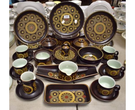 Denby Arabesque - five dinner plates; four tea plates; two bowls; cream jug; eight cups and saucers; oblong bowl; celery dish
