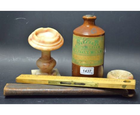 An alabaster pocket watch stand; a similar small ashtray; a salt glazed stoneware bottle of Stephen's Fancy Green Writing Ink