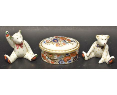 A Royal Crown Derby miniature Teddy Bear Edward; another Victoria; an Ajanta oval box (3)