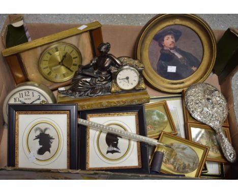A Metamec mantel clock, shaped feet, c.1960; other clocks, one figural (2); pictures and prints, including silhouettes; frame