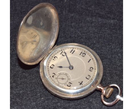 An early 20th century continental 900 silver and rose gold niello full hunter pocket watch, silvered dial, Arabic numerals, m