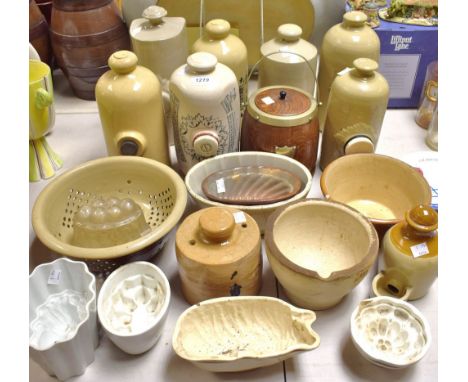 Doultons Improved transfter printed footwarmer; others, ceramic jelly moulds; an oak biscuit barrel; etc