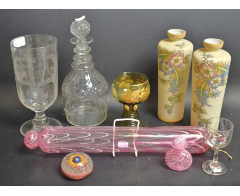 Glassware - a Victorian Nailsea type pink and white miniature scent bottle; a rolling pin; etc