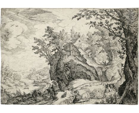 Bril, Paul -- Umkreis. Pittoreske felsige Landschaft mit Hirten. Radierung. 21,7 x 30,9 cm. Unbeschrieben. Wz. Wäppchen. Die 