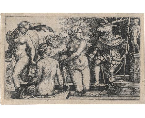 Pencz, Georg -- Diana und Aktäon. Kupferstich. 4,6 x 7,7 cm. B. 91, Hollstein 116 wohl I (von II).  Vor dem Kratzer auf Diana
