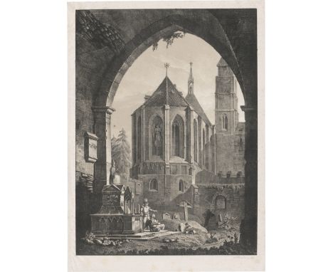 Pian, Antonio de -- Eingang zum Friedhof vor einer gotischen Kirche. Lithographie. 45,1 x 33 cm (Darstellung), 49,5 x 36 cm (