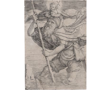 Leyden, Lucas van -- Der hl. Christophorus mit dem Jesuskind. Kupferstich. 10,3 x 7 cm. Um 1521. B. 109, Hollstein 109, Filed