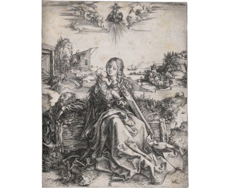 Dürer, Albrecht -- Die Heilige Familie mit der Heuschrecke. Kupferstich. 23,8 x 18,6 cm. Um 1495. B. 44, Meder 42 e-k (von k)