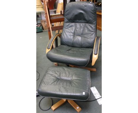 A vintage Unico Danish green leather bentwood arm chair with matching foot stool