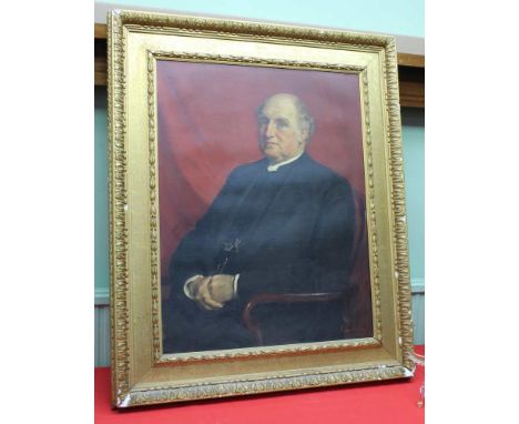John Collier, a late Victorian portrait of a seated Clergyman, oil painting on canvas, signed and dated 1898, 90cm x 70cm, gi