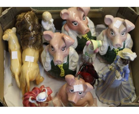 A box containing a selection of ceramic figures to include Beswick Wade Royal Doulton etc