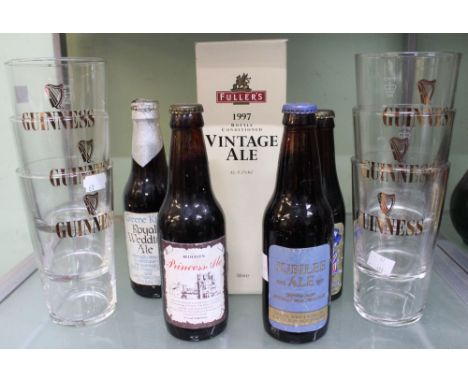 1997 Fullers Bottle Conditioned Vintage Ale (boxed), 1 bottle Commemorative Ales, 4 bottles      6 Guinness pint glasses     