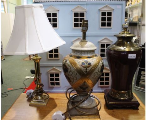 Two decorative ceramic lamp bases together with a brass table lamp &amp; shade