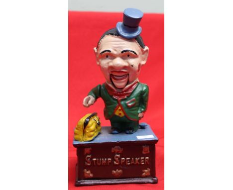 A cast metal, reproduction, painted "Stump Speaker" money bank