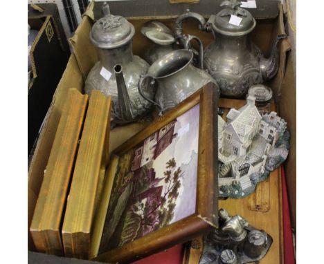 A box containing plated wares, a Spode collectors plate, framed tile etc