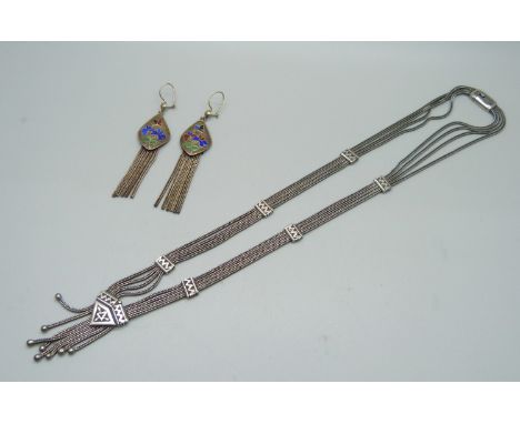 A pair of silver and enamel earrings and a four strand necklace marked 850 