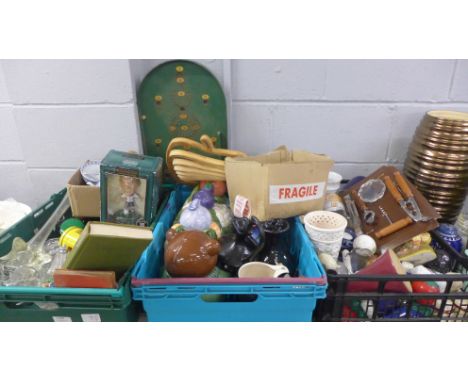 Three boxes of items including a bagatelle board, novelty storage jars, salt and pepper pots, a Shearer collectors edition fo