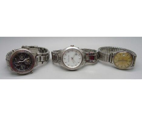 Three wristwatches; a vintage Waltham date with sweep second hand, a Seiko quartz chronograph and Michael Kors 
