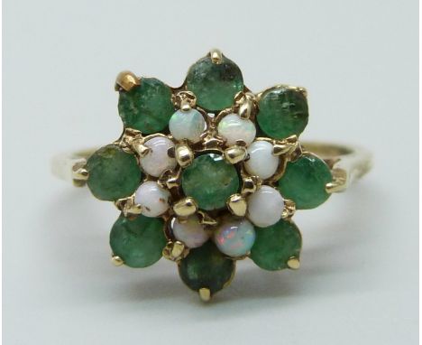 A 9ct gold, emerald and opal cluster ring, 2.1g, L 