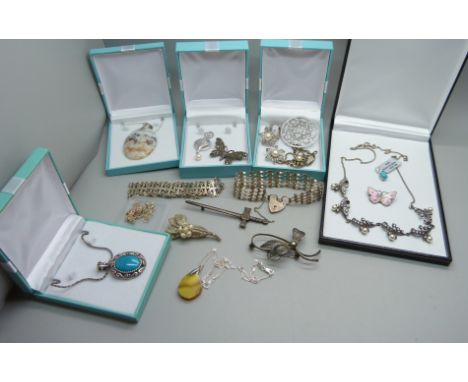A collection of silver jewellery; a silver and enamel butterfly brooch by John Aitken and Sons, marcasite and pearl necklet, 
