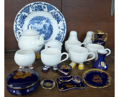 A Carlton ware novelty walking tea service, teapot, four cups, cream, sugar and salt and pepper, eight items of Limoges and a