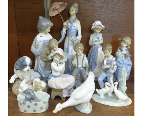 Eleven Nao by Lladro models together with a Casades figure of a lady with a parasol 