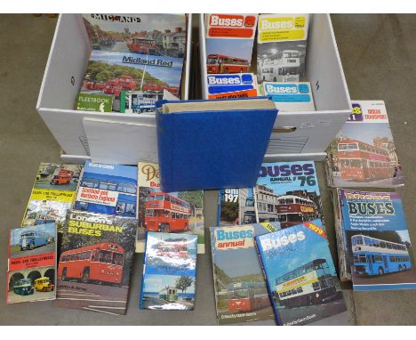 Two boxes of bus related books and publications including Buses Annuals 1976 to 1980, Buses magazines 1975 to 1981, Midland R
