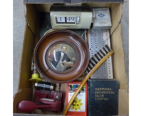 A collection of items including a Prattware pot lid 'Duke of Wellington', keepsake book, cribbage board, etc. 