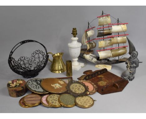 A Collection of Various Sundries to comprise Horn Souvenir Boat, Marble Lamp Base of Vase Form, Frames Etc 