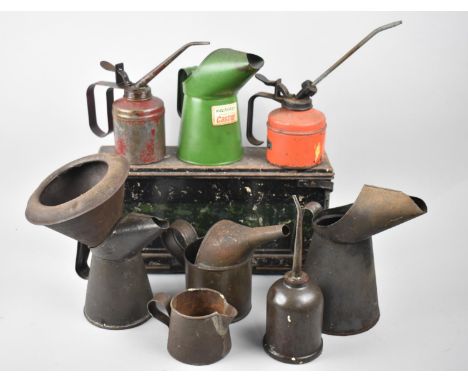A Collection of Various Oil Cans, Oil Jugs, Funnel and Ammunition Box 