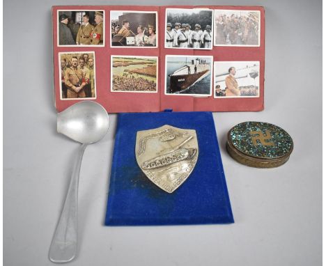 A Collection of German WWII Militaria to include Cigarette Cards, Mess Ladle with Luftwaffe Stamp, Italian 9th Tank Brigade P