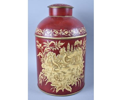 A Reproduction Toleware Style Cylindrical Tea Caddy Decorated with Pens and Birds on Maroon Ground, 37cm High 
