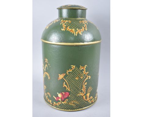 A Reproduction Toleware Style Cylindrical Tea Caddy with Chinoiserie Decoration, 37cms High 