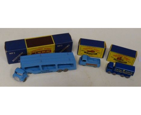 Matchbox Accessory Pack No. 2 car transporter, Matchbox Series 10 Foden sugar container (new model) and Series 60 Morris J2 p