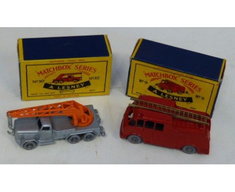 Matchbox Series 30 German crane (silver body) and Series 9 Merryweather Marquis Series III fire engine both complete with box