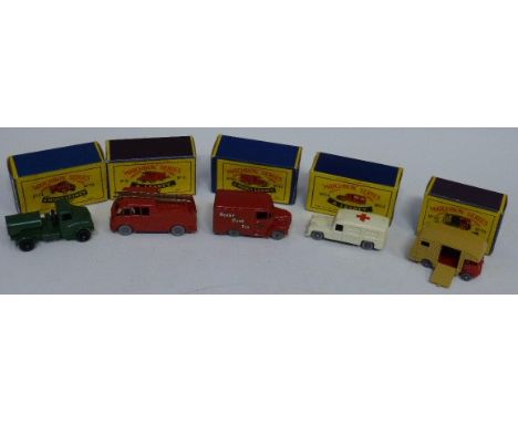 Series 35 Marshall MK 7 horse box, Series 14 Daimler ambulance, Series 71 army water truck, Series 9 fire escape (Merryweathe