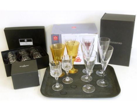 Collection of glassware including Waterford Champagne Coupe pair, Lismore Votive candle stick , Royal Doulton Canterbury tumb