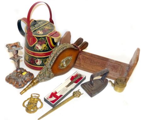 Modern barge ware jug, pair of bellows, hardwood book stand, plated candlestick etc. Condition reports are not available for 