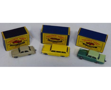 Matchbox Series 31 American Ford station wagon, Series 30 Ford Prefect and Series 29 Austin Cambridge (new model) all complet