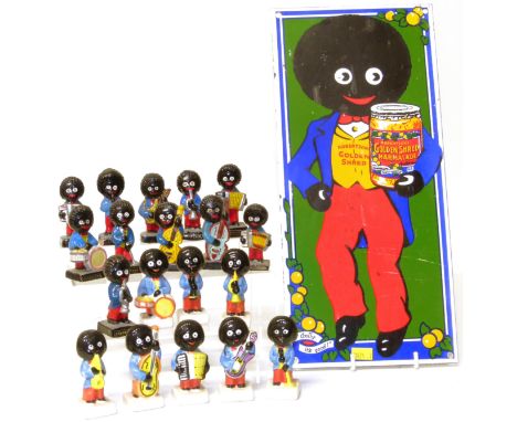 Eight ceramic golly band figures, eleven Robertson's golly figurers and a Roberts golden enamel sign 36 x 16cm Condition repo