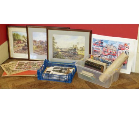 Group of Steam locomotive / trains and bus prints, and period photographs, also a collection of books including 'The Midland 