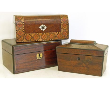 19th century rosewood vanity / jewellery box, walnut jewellery box and tea caddy. Condition reports are not available for our