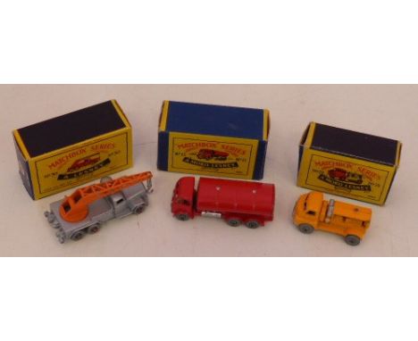 Matchbox Series 28 Bedford Compressor truck, Series 11 red petrol tanker, Series 30 German crane (new model).