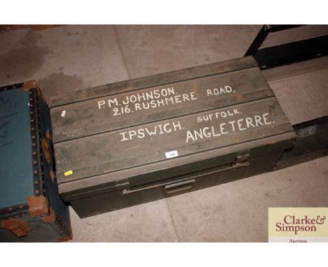 A metal storage trunk