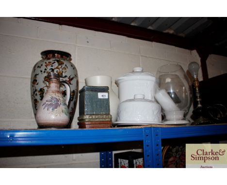 An Oriental baluster vase; a white glazed bread crock; a cheese dome; and table lamp etc.