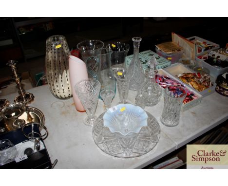 A quantity of glassware to include Art Glass vase; an Art Deco light shade; a decanter and stopper etc