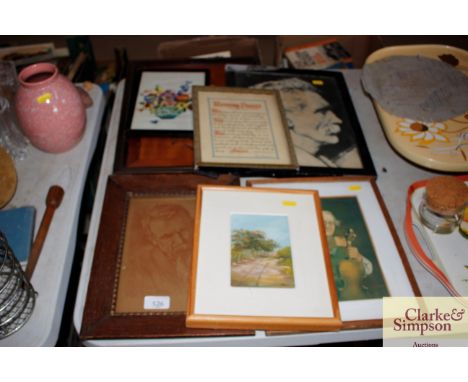 A quantity of pictures and prints to include an inlaid panel signed to bottom left
