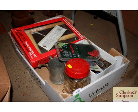 A box containing a Harris paint roller set etc.