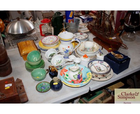 A quantity of various china to include a cloisonné dish, an atomiser, Bunnykins bowl, hip flask etc.