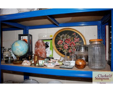 A quantity of various sundry glass and china to include brass candlesticks, globe, marble based ash tray decorated with a tro